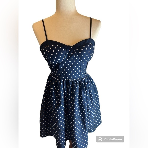 BOG Collective Navy Blue/White Polka Dot Dress,  XSmall, has pockets. - Picture 1 of 10